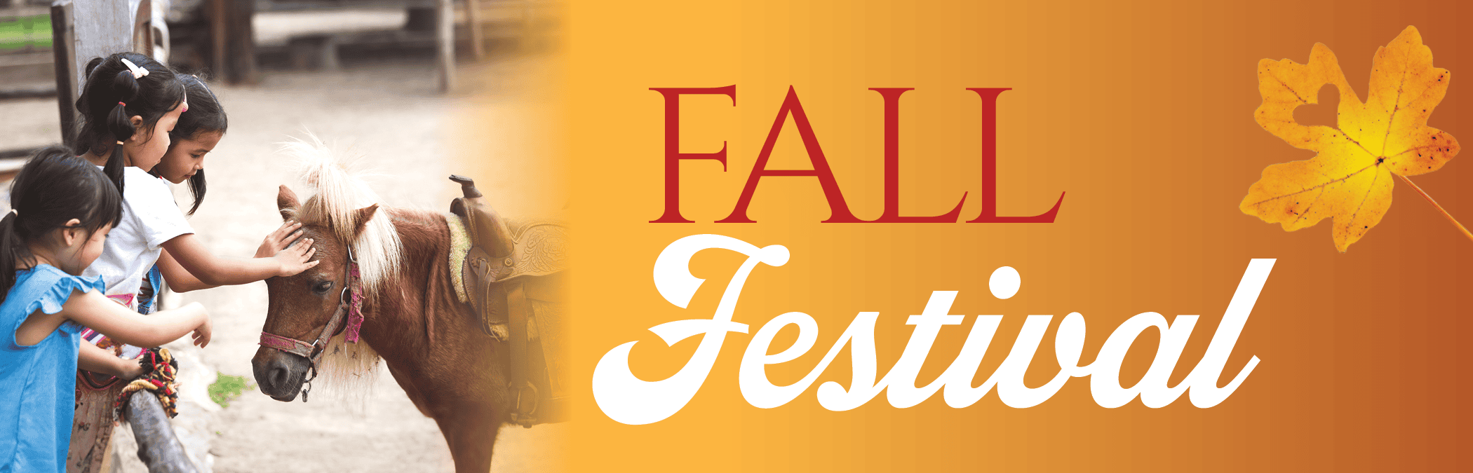 "Fall Festival" with photo of kids and pony at petting zoo